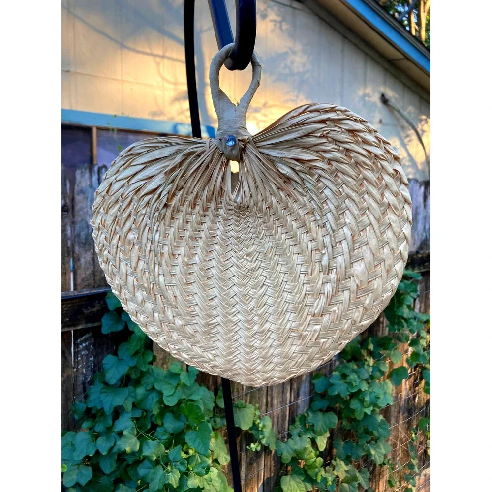 Vintage Boho Woven Raffia Fan w/ Rhinestone - Heart Shaped - Leaf Wall Decor